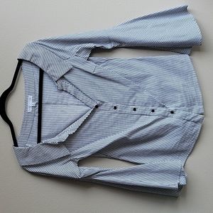 Blue and White Striped Off The Shoulder Button Up Blouse